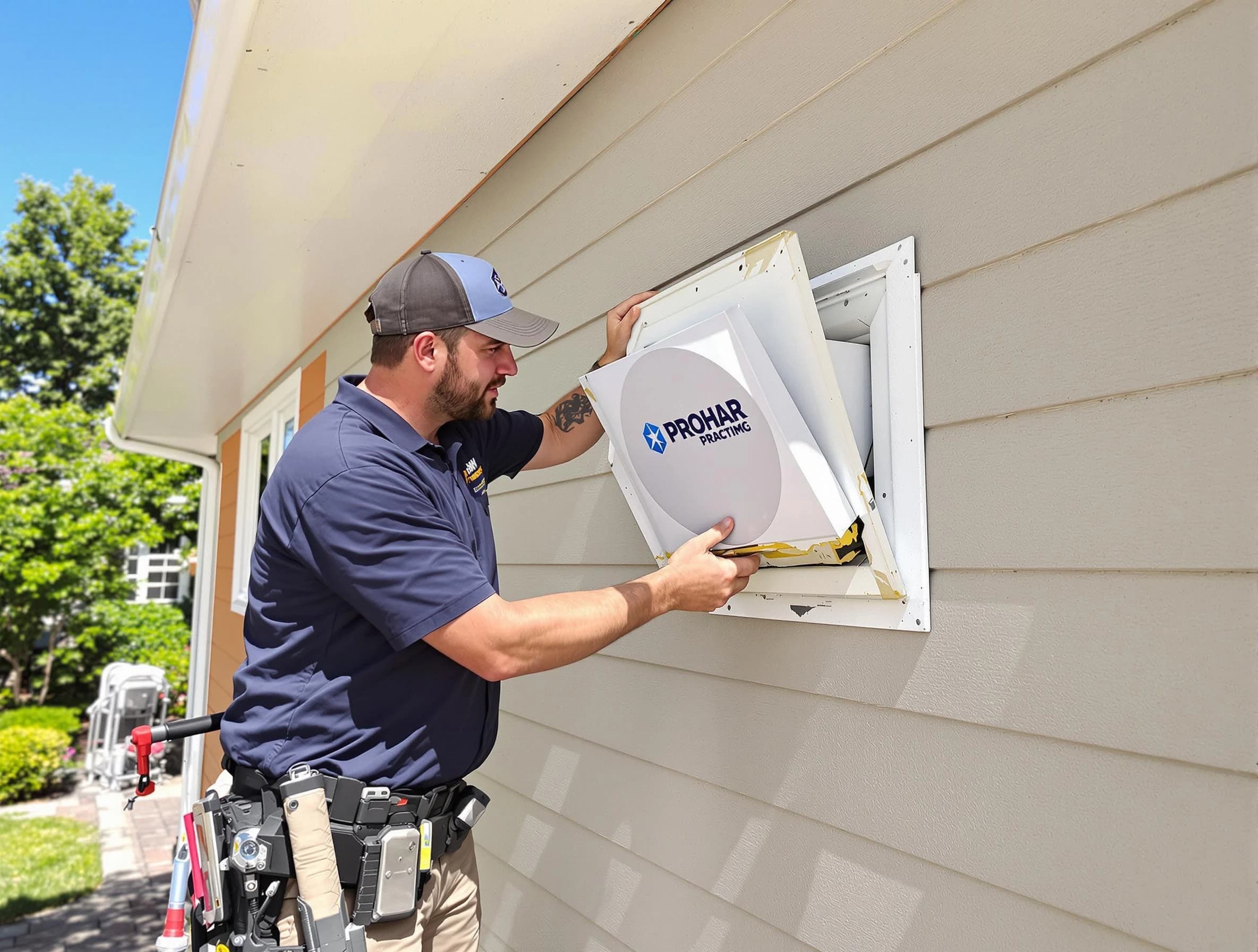 Fort Lupton Dryer Vent Cleaning technician installing a new protective dryer vent cover on a home in Fort Lupton