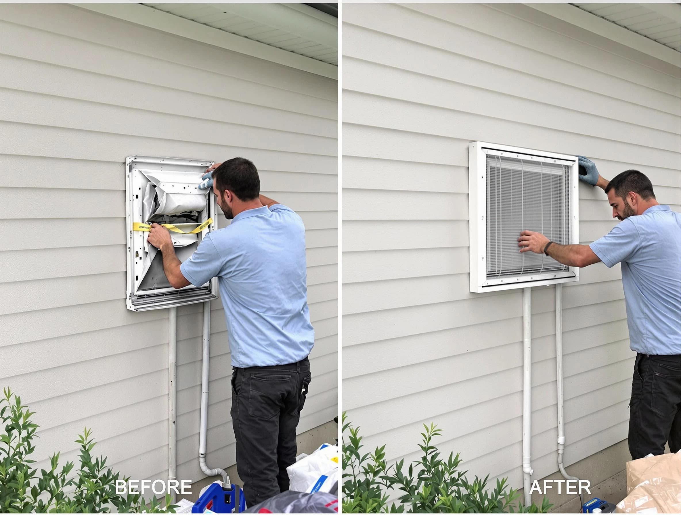 Fort Lupton Dryer Vent Cleaning technician installing high-quality dryer vent cover at a residential property in Fort Lupton