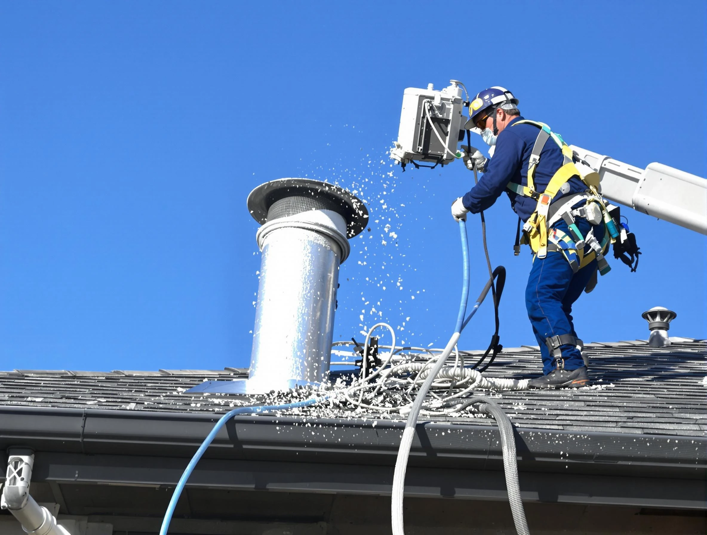 Fort Lupton Dryer Vent Cleaning certified technician safely cleaning a roof-mounted dryer vent in Fort Lupton
